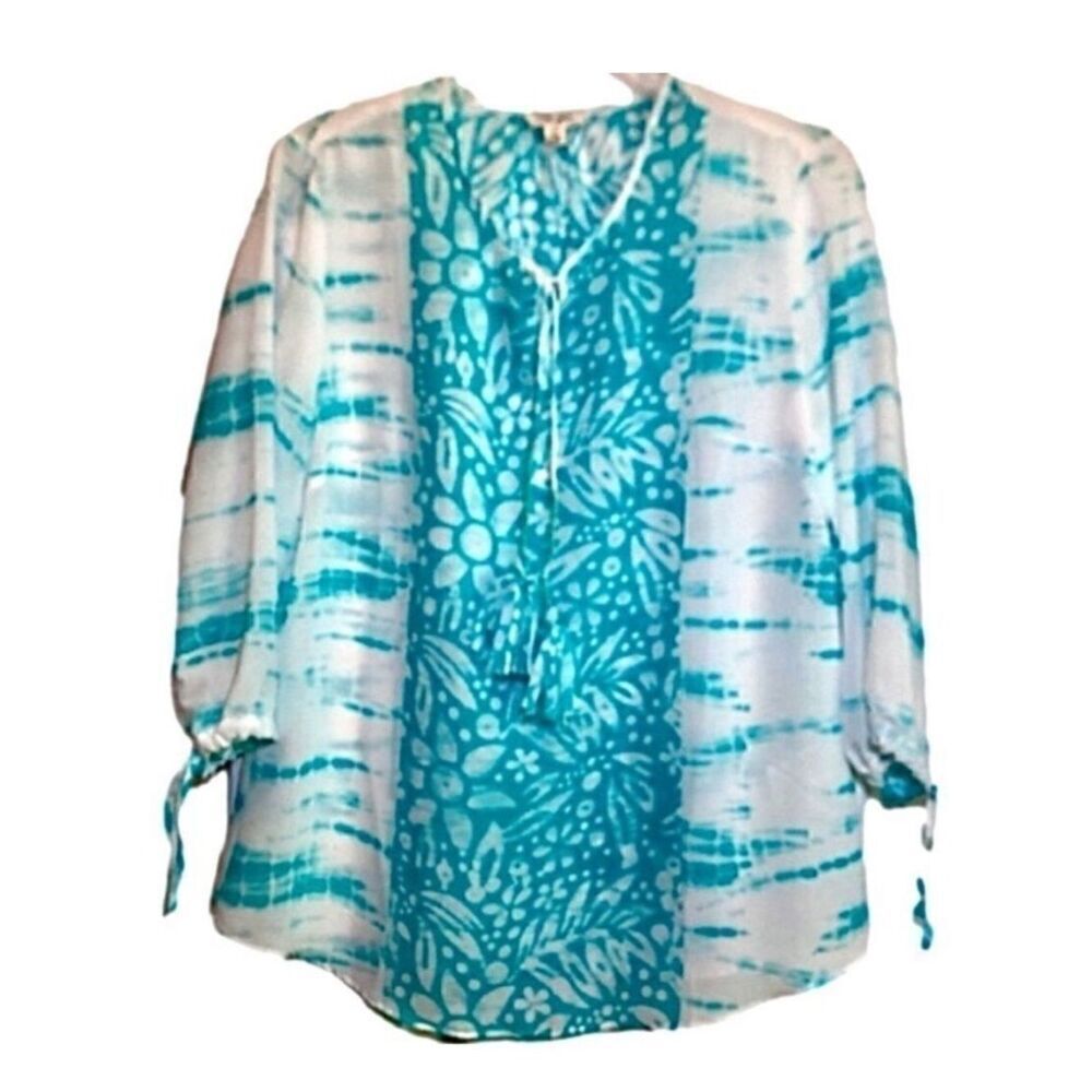 Tribal Sheer Floral Tunic in Teal Green/White Women’s Small
